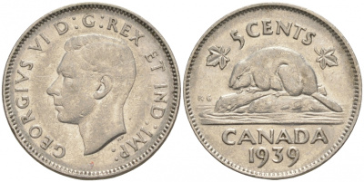 Канада 5 центов 1939 Георг VI (1937-1952), бобр KM 33 никель 73-1133