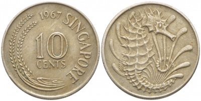 Сингапур 10 центов 1967 морской конек KM 3 медно-никель 105-1255