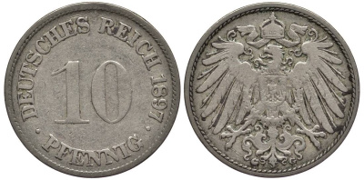 Германия 10 пфеннигов 1897 G, редкая KM 12, Jager 13, Weege 8 медно-никель 219-311
