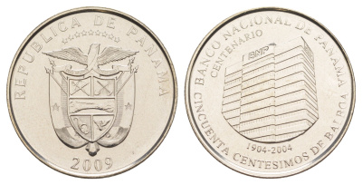 Панама 1/2 бальбоа (50 сентесимо) 2009 100 лет Национальному банку Панамы KM 139 медь плакированная медно-никелем UNC 4645-143