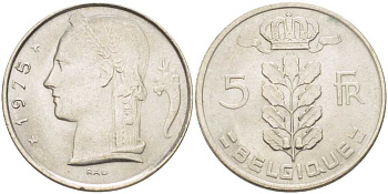 БЕЛЬГИЯ 5 ФРАНКОВ 1975 BELGIQUE, БОДУЭН I (1951-1993) KM 134.1 медно-никель 202-1253