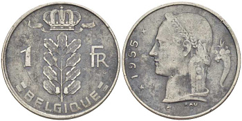 БЕЛЬГИЯ 1 ФРАНК 1953 BELGIQUE, БОДУЭН I (1951-1993) KM 142.1 медно-никель 213-456