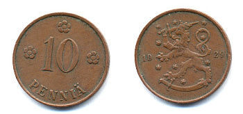 Финляндия 10 пенни 1929 республика (1918-1962) KM 24 медь 46-1635