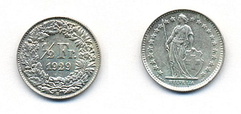 Швейцария 1/2 франка 1929 В KM 23 серебро 00-00