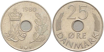 ДАНИЯ 25 ЭРЕ 1980 B; B, МАРГРЕТЕ II (1972-) KM 861.2 медно-никель 94-815