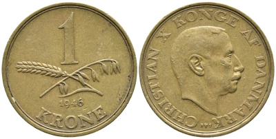 ДАНИЯ 1 КРОНА 1946 N; S, КРИСТИАН X (1912-1947) KM 835 алюминиевая бронза 32-322