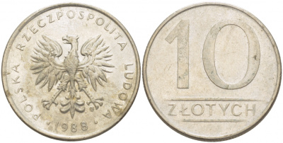 ПОЛЬША 10 ЗЛОТЫХ 1988 MW KM 152.1 медно-никель 213-834