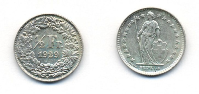 Швейцария 1/2 франка 1929 В KM 23 серебро 00-00