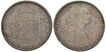 Мексика 8 реалов 1797 FM, монетный двор Mo (Мехико Сити), Карл IV Испанский (1788-1808), красивая патина KM 109 серебро 00-802-02