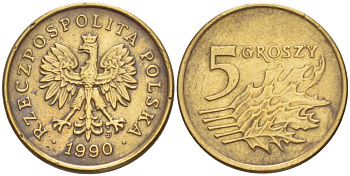 ПОЛЬША 5 ГРОШЕЙ 1990 MW KM 278 латунь 4551-1037