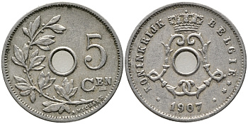 БЕЛЬГИЯ 5 САНТИМОВ 1907 BELGIE KM 55 медно-никель 100-458