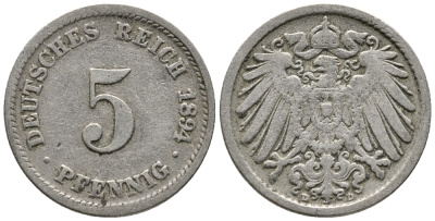 ГЕРМАНИЯ 5 ПФЕННИГОВ 1894 D KM 11, J. 12 медно-никель 39-661