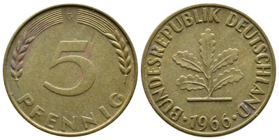 ФРГ 5 ПФЕННИГОВ 1966 G KM 107, J.382 сталь плакированная латунью 26-1134