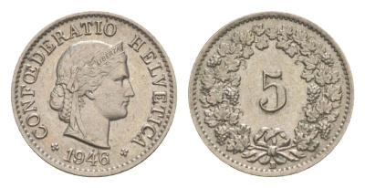 Швейцария 5 раппенов 1946 B KM 26 медно-никель 4627-813