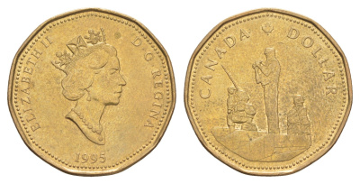 Канада 1 доллар 1995 поддержание мира KM 258 никель плакированный позолоченной бронзой 4631-813