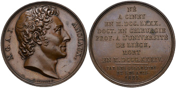 Франция медаль 1835 Доктору хирургии Профессору Льежского университета (1780-1834), от коллег и друзей, диаметр 40 мм. бронза 00-00