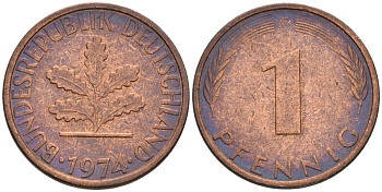 ФРГ 1 пфенниг 1974 F KM 105, J. 380 сталь плакированная медью 4532-565