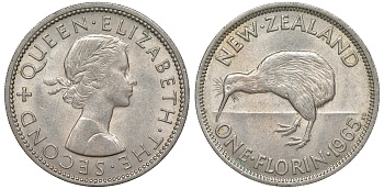 Новая Зеландия 1 флорин 1965 Елизавета II (1952-2022), птичка киви KM 28.2 медно-никель XF-UNC 51-612