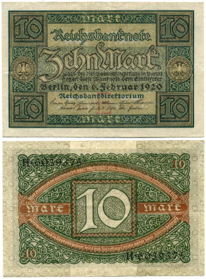 ГЕРМАНИЯ 10 МАРОК 1920 6 ФЕВРАЛЯ 1920, БУКВА E, СЕРИЯ H, СЕМЬ ЦИФР В НОМЕРЕ СЕРИИ Pick 67a, Rosenberg 63а бумага 7547-72-1