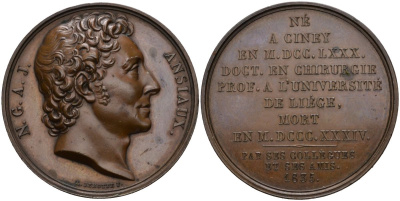 Франция медаль 1835 Доктору хирургии Профессору Льежского университета (1780-1834), от коллег и друзей, диаметр 40 мм. бронза 00-00