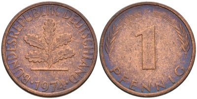 ФРГ 1 пфенниг 1974 F KM 105, J. 380 сталь плакированная медью 4532-565