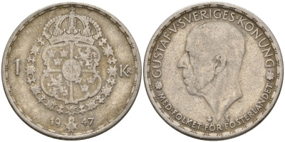 Швеция 1 крона 1947 TS, Густав V (1907-1950) KM 814 серебро 4148-1042