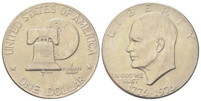 США 1 доллар 1976 Президент Эйзенхауэр, 200 лет независимости США, Тип 2 — Тонкие буквы KM 206 медь плакированная медно-никелем 00-1067-6-52