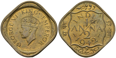Британская Индия 1/2 анна 1942 Георг VI (1936-1952) KM 534b никель-латунь UNC 94-841