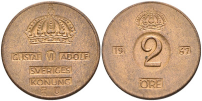 Швеция 2 эре 1967 U, Густав VI Адольф (1950-1973) KM 821 бронза 4364-1132
