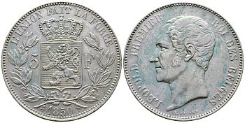 Бельгия 5 франков 1850 Леопольд I (1831-1865) KM 17 серебро 00-1067-9-43