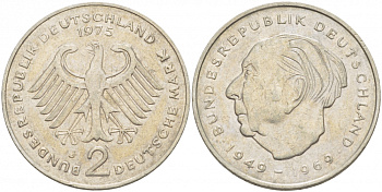 ФРГ 2 МАРКИ 1975 J, ТЕОДОР ХОЙС KM 127, J. 407 медно-никель плакированный никелем 3718-1126
