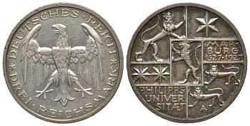 Германия 3 марки 1927 A, 400 лет Университету Марбурга J. 330, KM 53 серебро 00-812-05