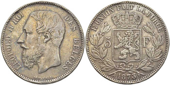 Бельгия 5 франков 1873 Леопольд II (1865-1909), позиция А KM 24 серебро 5010-942