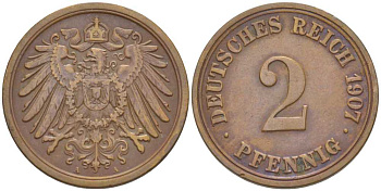 ГЕРМАНИЯ 2 ПФЕННИГА 1907 A KM 16, J. 11, Weege 4 медь 206-539