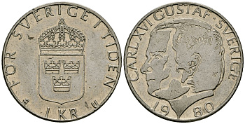 Швеция 1 крона 1980 Карл XVI Густав (1973- ) KM 852 медь плакированная медно-никелем 4176-556
