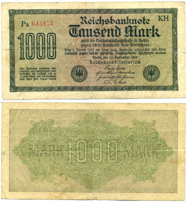 ГЕРМАНИЯ 1000 МАРОК 1922 15 СЕНТЯБРЯ 1922, ВОДЯНОЙ ЗНАК H, БЕЛАЯ БУМАГА Pick 76f бумага 6262-1-1-1