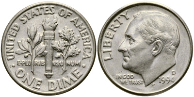 США 10 ЦЕНТОВ = 1 ДАЙМ 1994 D, РУЗВЕЛЬТ KM 195а медь плакированная медно-никелем 46-1153