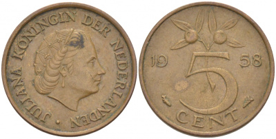 НИДЕРЛАНДЫ 5 ЦЕНТОВ 1958 ЮЛИАНА KM 181 бронза 214-813