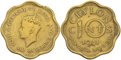 ЦЕЙЛОН 10 ЦЕНТОВ 1944 ГЕОРГ VI ГОД ТИП KM 118 никелированная латунь 4556-254
