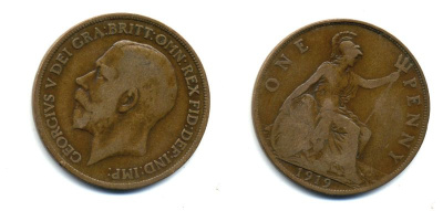 Великобритания 1 пенни 1919 Георг V (1910-1936) КМ 810, Spink 4051 бронза 47-236