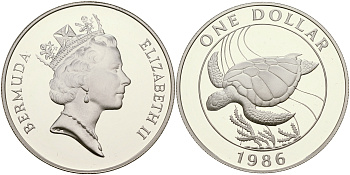 Бермудские острова 1 доллар 1986 серия 25 лет защиты окружающей среды, морская черепаха КМ 49 a серебро PROOF 1066-3-23