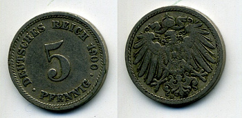 ГЕРМАНИЯ 5 ПФЕННИГОВ 1900 D, KM 11, J. 12 медно-никель 58-1211
