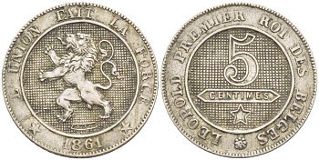 БЕЛЬГИЯ 5 САНТИМОВ 1861 BELGES KM 21 медно-никель 100-537
