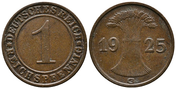 ГЕРМАНИЯ 1 РЕЙХСПФЕННИГ 1925 G KM 37, J. 313 бронза 39-862