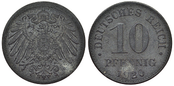 Германия 10 пфеннигов 1920 KM 26, J. 299, Weege 8 цинк 4119-255