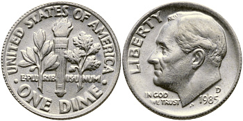 США 10 ЦЕНТОВ = 1 ДАЙМ 1985 D, РУЗВЕЛЬТ KM 195а медь плакированная медно-никелем 46-2461