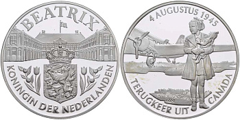 Нидерланды медаль ND королева Беатрикс, 4 августа 1945 года возвращение из Канады, диаметр 38,5 мм., вес 22,12 гр.  серебро  PROOF  1078-6-31