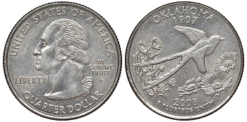 США 25 центов = квотер 2008 P, серия штаты США, Оклахома KM 421 медь плакированная медно-никелем 4525-527