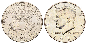 США 1/2 доллара (50 центов) 1996 D, Джон Кеннеди KM A202b медь плакированная медно-никелем UNC 4672-722