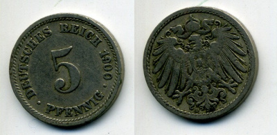 ГЕРМАНИЯ 5 ПФЕННИГОВ 1900 D, KM 11, J. 12 медно-никель 58-1211